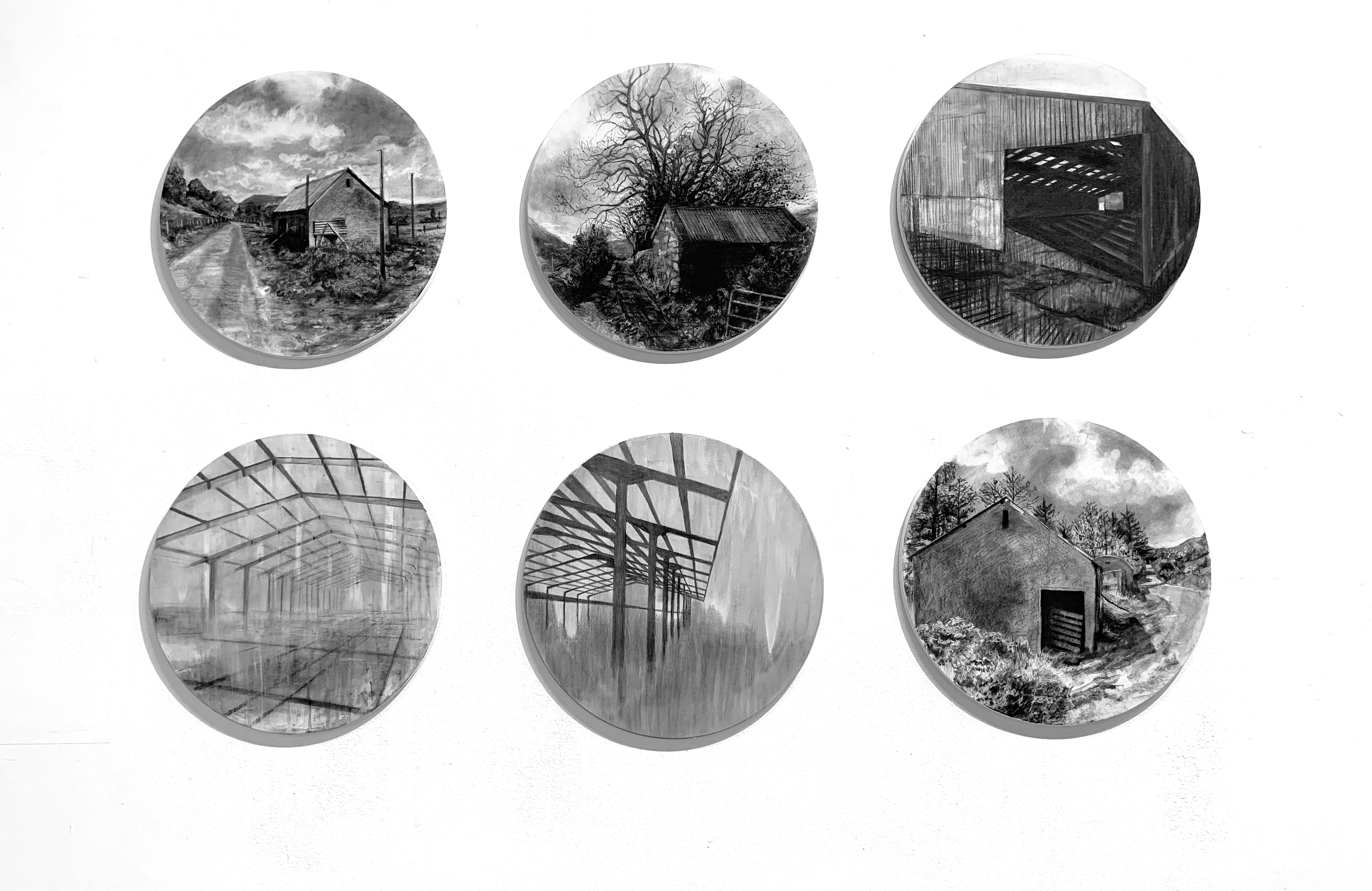 Six drawings of out buildings and cowsheds on round canvases